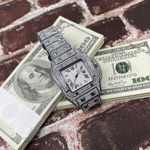 Iced Out Hip Hop Quartz Tank Style Stainless Silver Diamond Watch 43MM